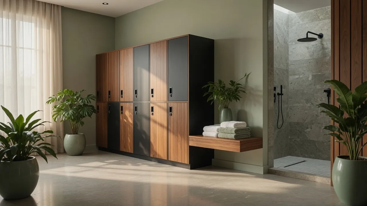 Changing room with lockers and a walk-in shower